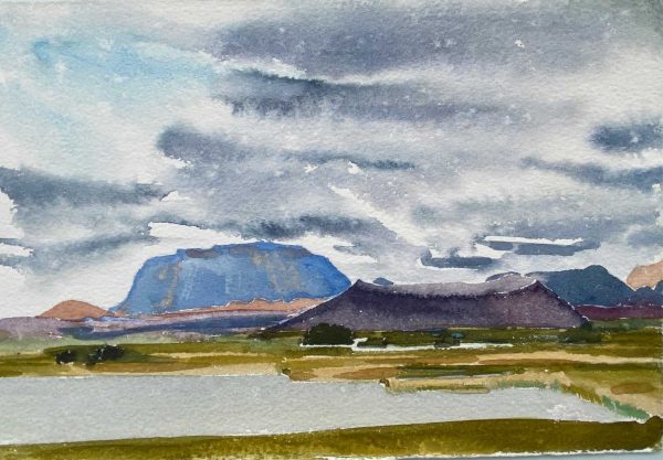 Iceland lake Myvatn looking SE RAIN watercolour 28x19cm