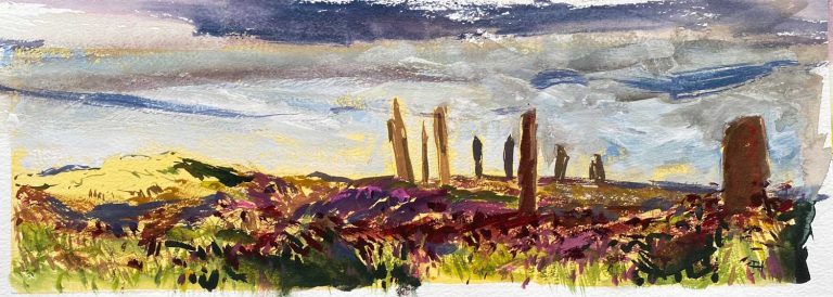 Orkney Ring of Brodgar heather-on lemon watercolour 43x16cm43x16cm