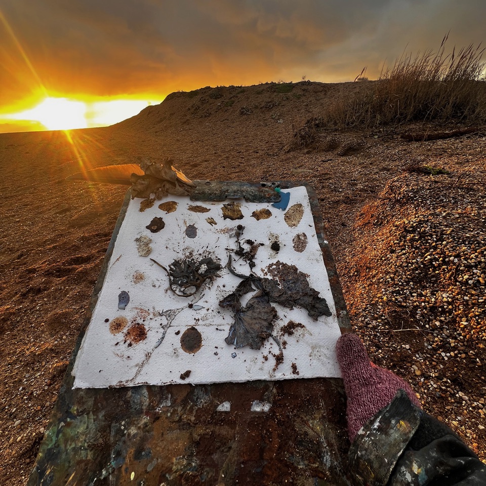 A place palette laid out on the shingle at Chesil Beach at sunset