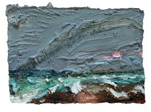 Moon, Murmuration, Wave — a small painting of a murmuration over the sea at Cogden